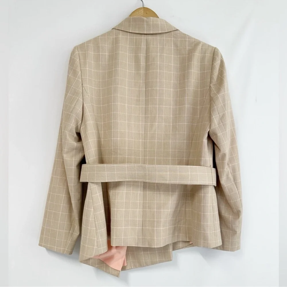Tahari ASL Plaid Belted Asymmetric Hem Blazer sand/salmon size 14